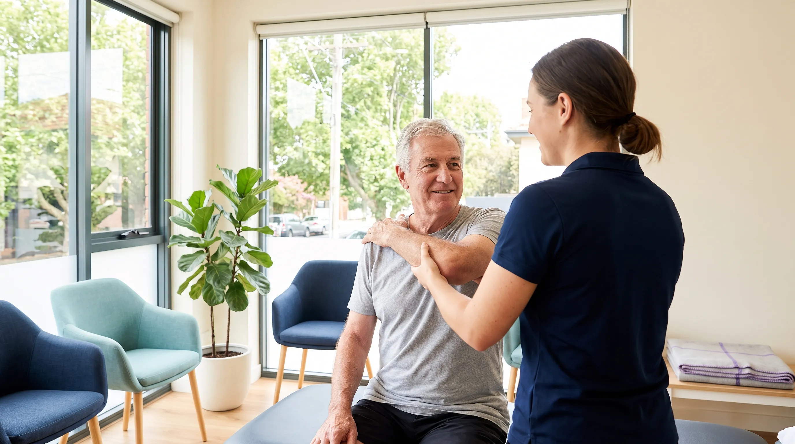 Physiotherapist gently guiding an older patient through a shoulder assessment in a bright, modern Camberwell clinic