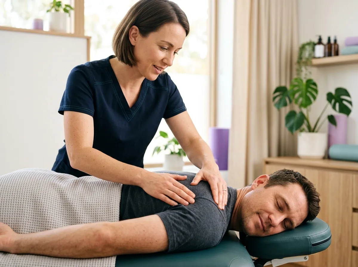 Physiotherapist performing gentle, focused manual therapy on a patient's back in a treatment room