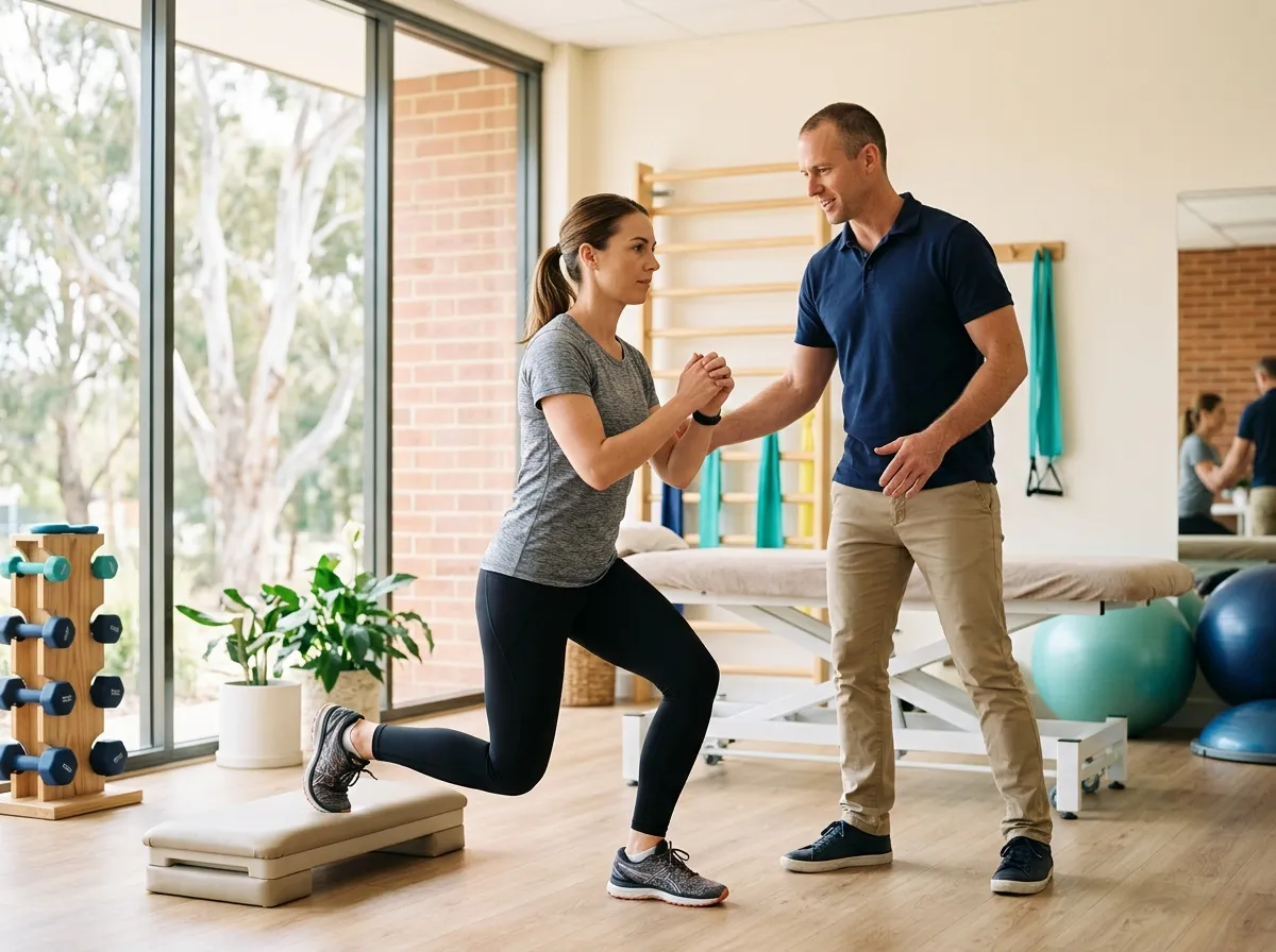 Physiotherapist coaching a patient through a guided lunge movement assessment in the clinic gym area